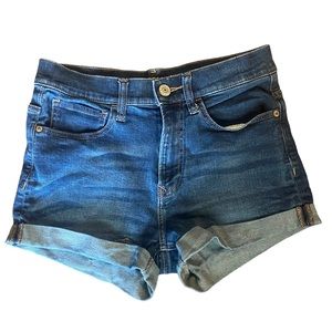 Express womens jean shorts size 4 high rise shortie ultimate stretch dark wash